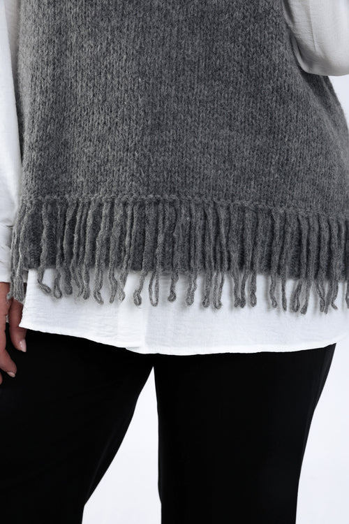 Effen mouwloze trui met franjes-Paprika-4