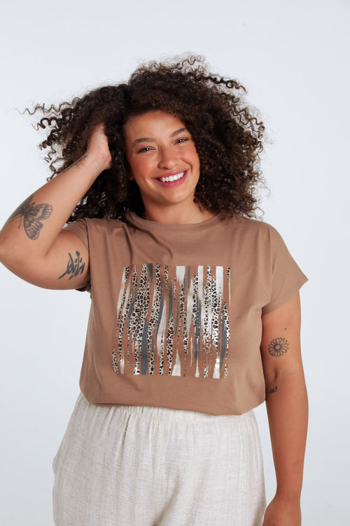 T-shirt uni en coton avec imprimé foil et léopard-Paprika-1