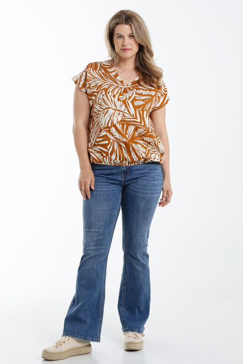Blouse van bicolor bladprint viscose-Paprika-8