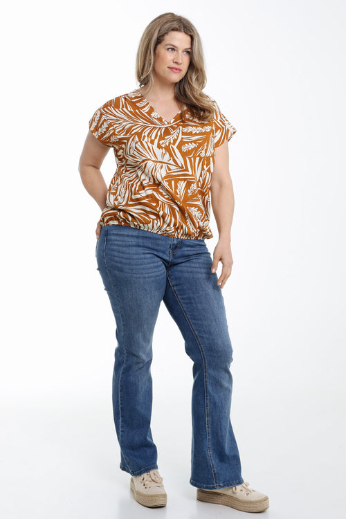 Blouse van bicolor bladprint viscose-Paprika-9