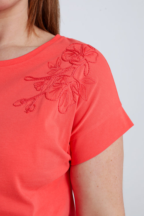 T-shirt en coton uni avec fleurs brodées-Paprika-4