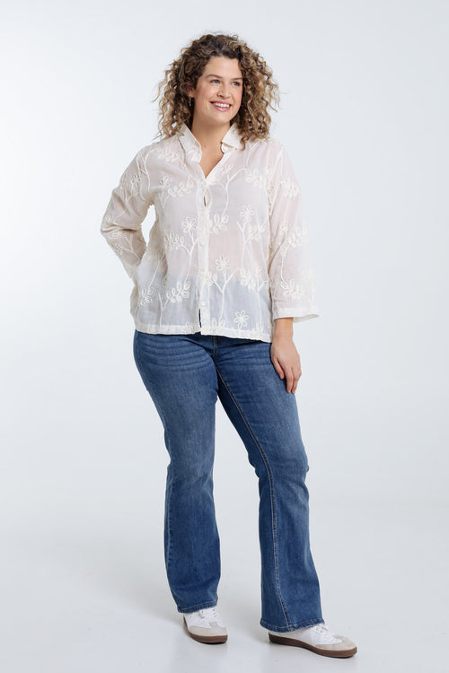 Chemise en coton unie avec fleurs brodées-Paprika-9
