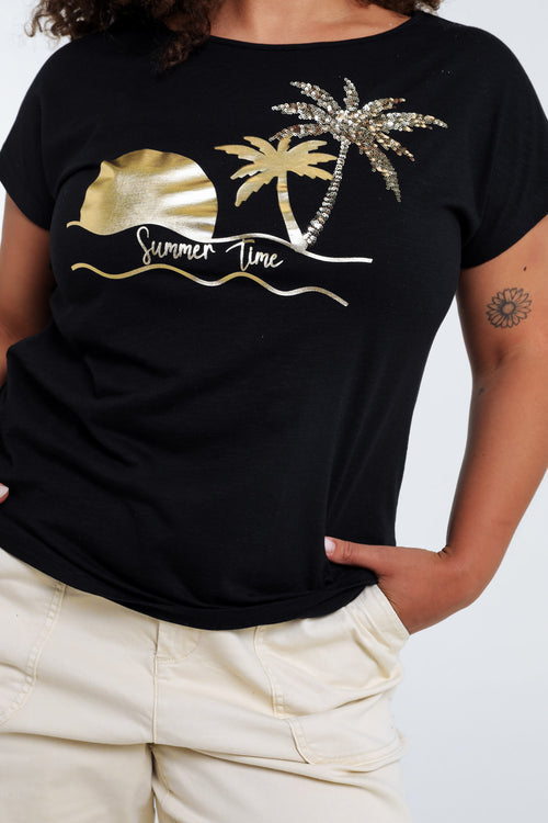 T-shirt van katoen met folieprint van palmbomen en pailletten-Paprika-5