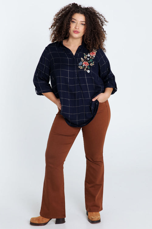 Lange, geruite blouse in viscose met borduurwerk-Paprika-8