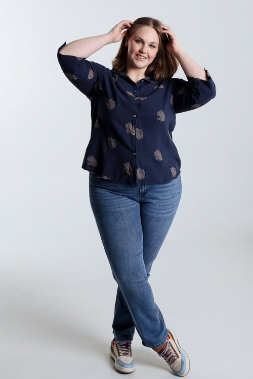 Chemise en coton unie avec feuilles brodées-Paprika-8
