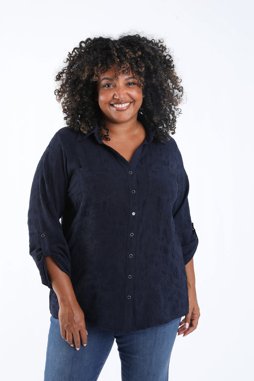 Effen overhemd met reliëf bloemenmotief-Paprika-1