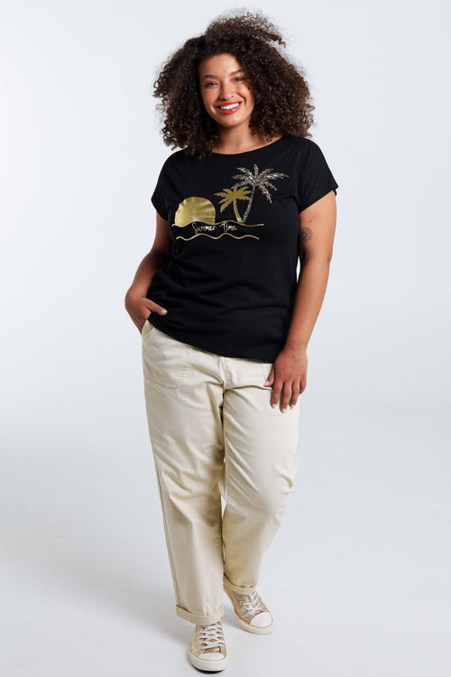 T-shirt van katoen met folieprint van palmbomen en pailletten-Paprika-7