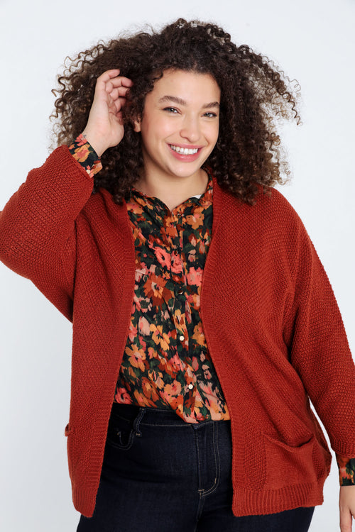 Lange, effen cardigan in rijstkorrel-Paprika-1
