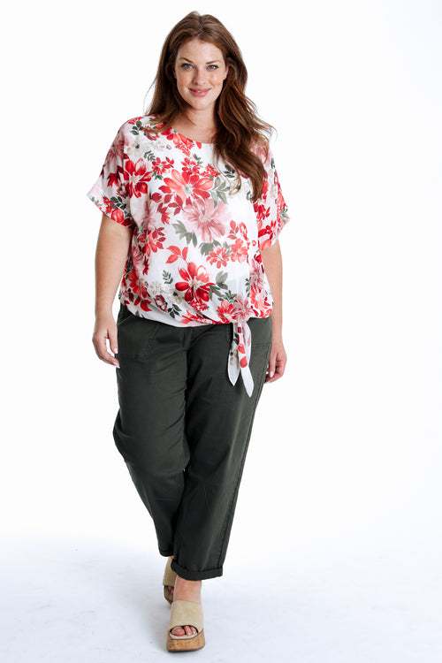 Blouse van viscose met bloemenprint en strikdetail-Paprika-9