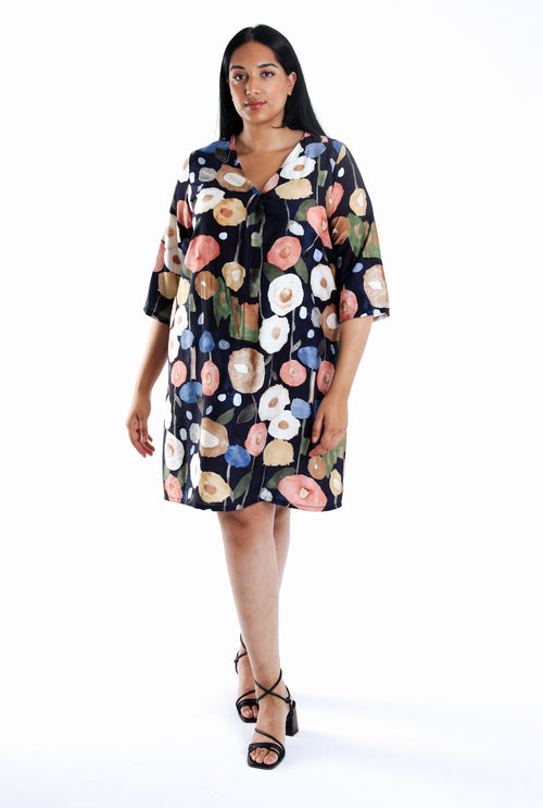 Korte jurk van viscose met print van ronde bloemen-Paprika-1
