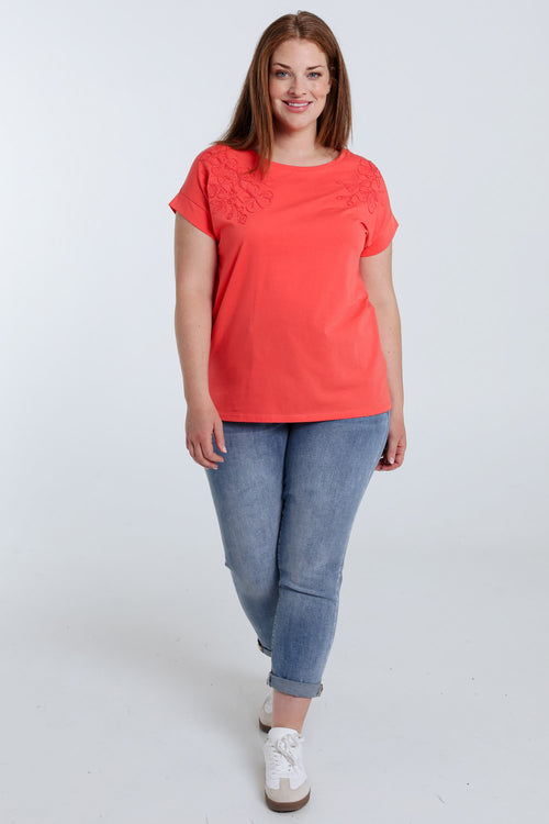 T-shirt en coton uni avec fleurs brodées-Paprika-7
