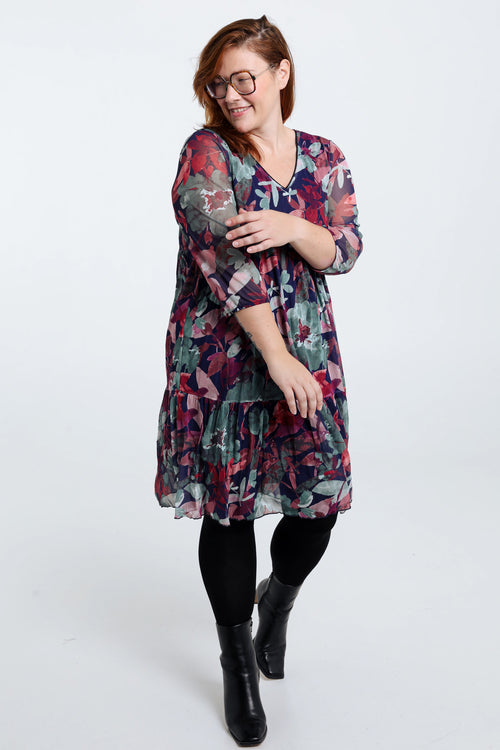 Korte tuniekjurk in gekreukeld visnet met bloemenprint en lurex-Paprika-6