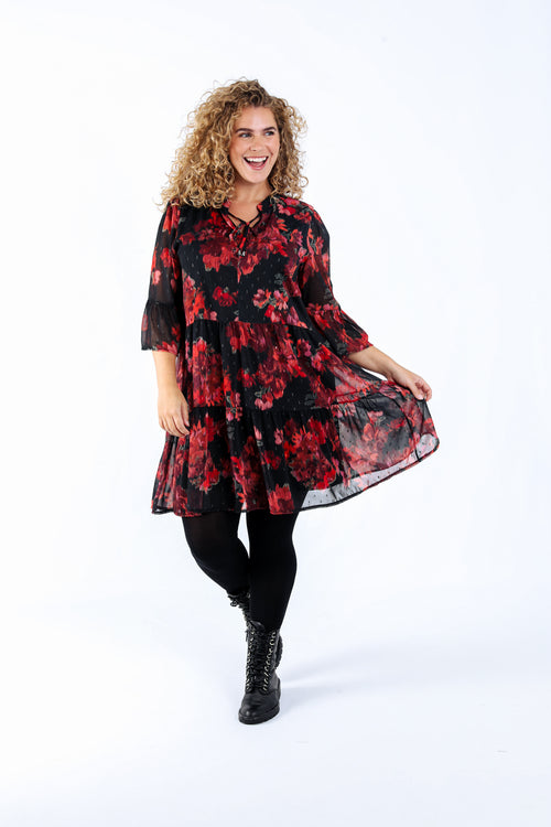 Robe tunique en voile imprimé fleurs floues-Paprika-8