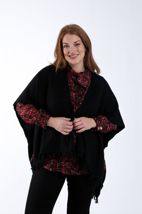 Effen poncho met franjes-Paprika-2