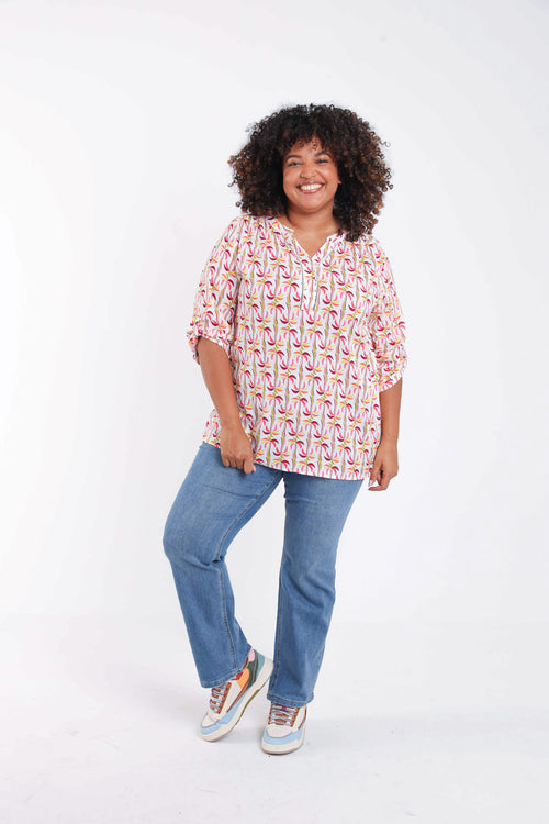 Overhemd van katoen en viscose met palmprint-Paprika-7