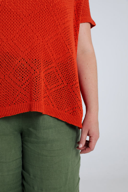 Pull boîte uni en coton ajouré-Paprika-6