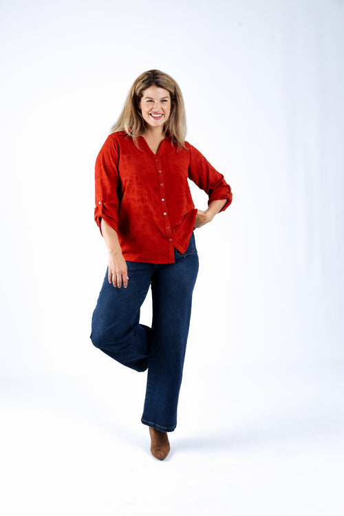 Effen overhemd met reliëf bloemenpatroon-Paprika-7