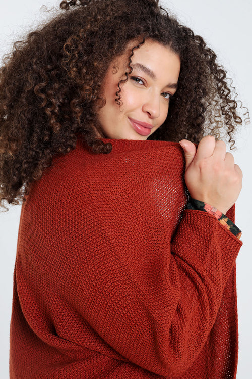 Lange, effen cardigan in rijstkorrel-Paprika-6