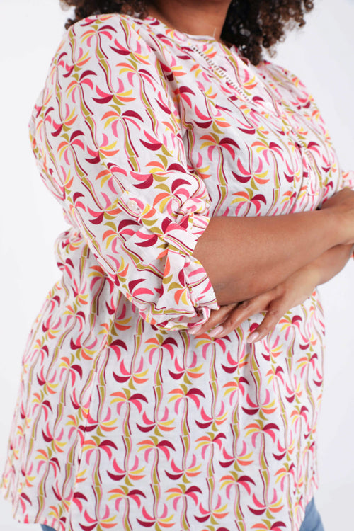 Overhemd van katoen en viscose met palmprint-Paprika-6