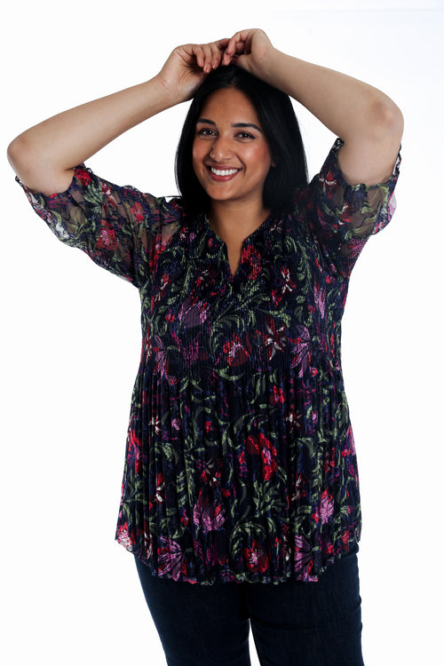 Tuniek van kant met bloemenfolkprint-Paprika-1