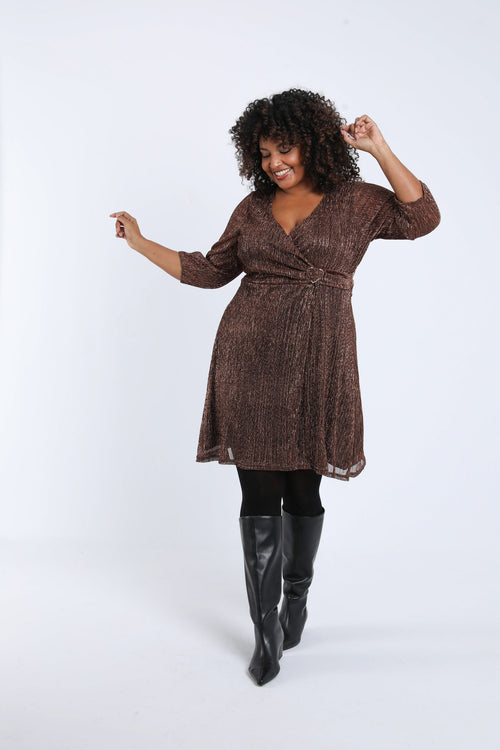 Effen geplooide jurk met lurex-Paprika-8