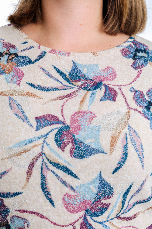 T-shirt van warme gebreide stof met bloemenprint-Paprika-4