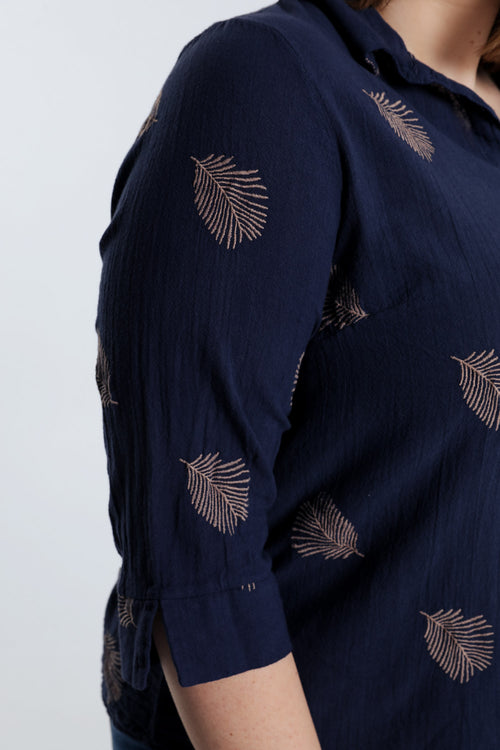 Chemise en coton unie avec feuilles brodées-Paprika-5