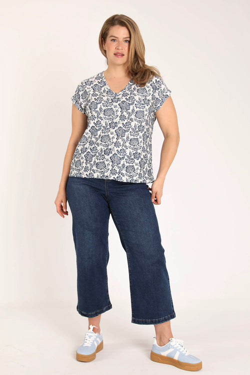 T-shirt van gebreide kant met bloemenprint-Paprika-8