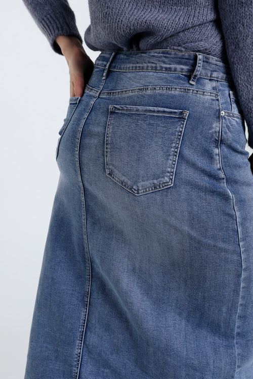 Halflange, effen rok met split vooraan en 5 zakken-Paprika-6
