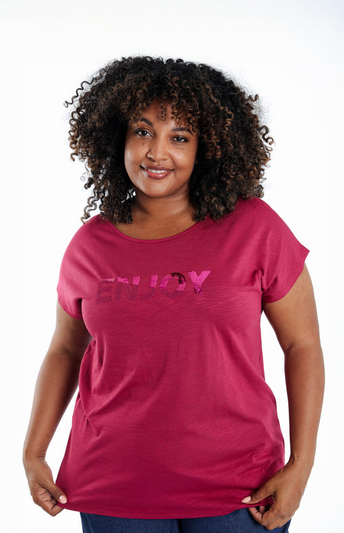 Effen katoenen T-shirt Enjoy met pailletten-Paprika-3