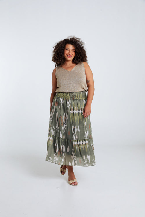 Jupe mi-longue en viscose imprimé etnique-Paprika-7