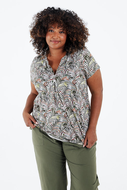 T-shirt van koel gaas met bladerenprint-Paprika-2