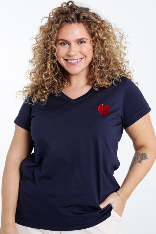Effen katoenen T-shirt met hart van pailletten-Paprika-2