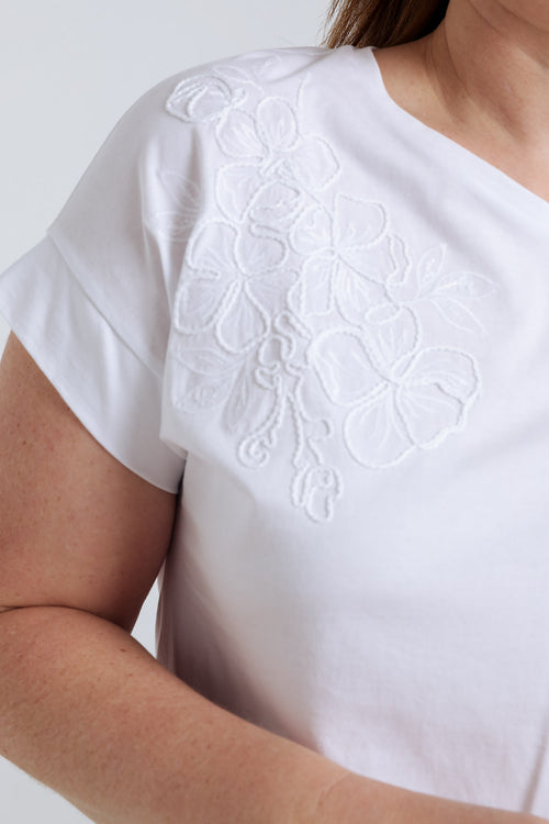 Effen katoenen T-shirt met geborduurde bloemen-Paprika-5