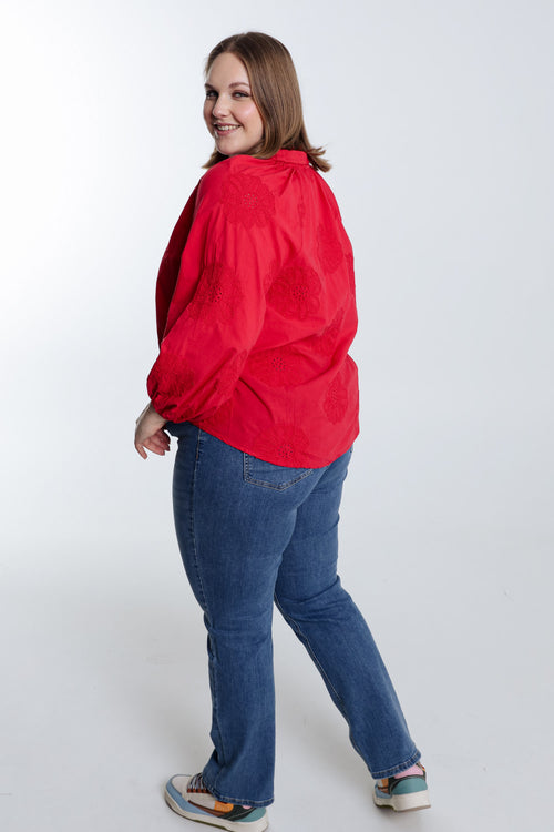 Blouse en coton unie avec fleurs brodées-Paprika-2