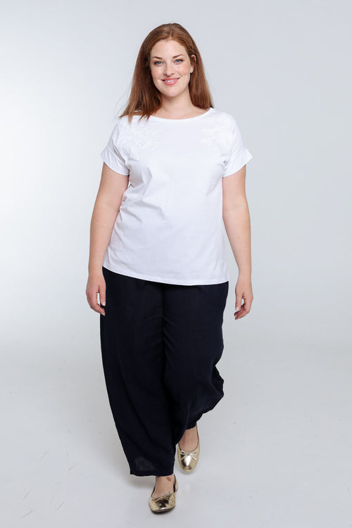 Effen katoenen T-shirt met geborduurde bloemen-Paprika-9