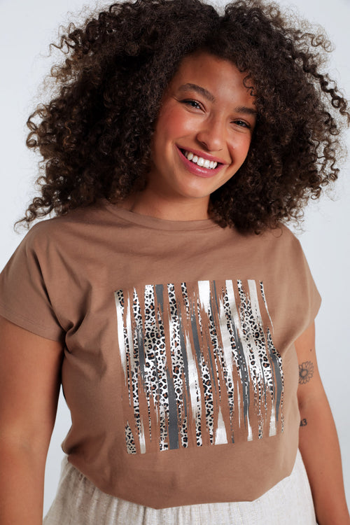 T-shirt uni en coton avec imprimé foil et léopard-Paprika-4