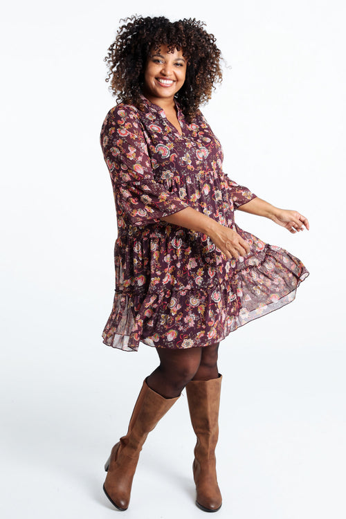 Jurk met bloemenprint en ruches-Paprika-7