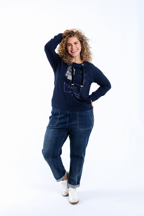 Effen sweat van badstof met print en strass-steentjes-Paprika-6