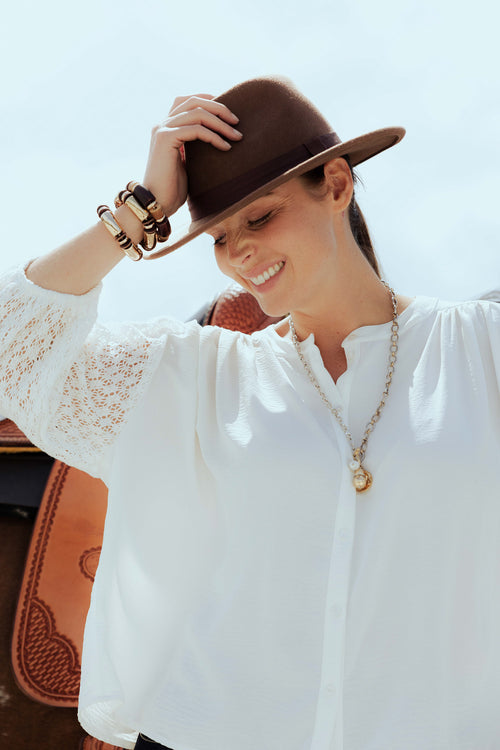 Effen blouse met gehaakte mouwen-Paprika-1