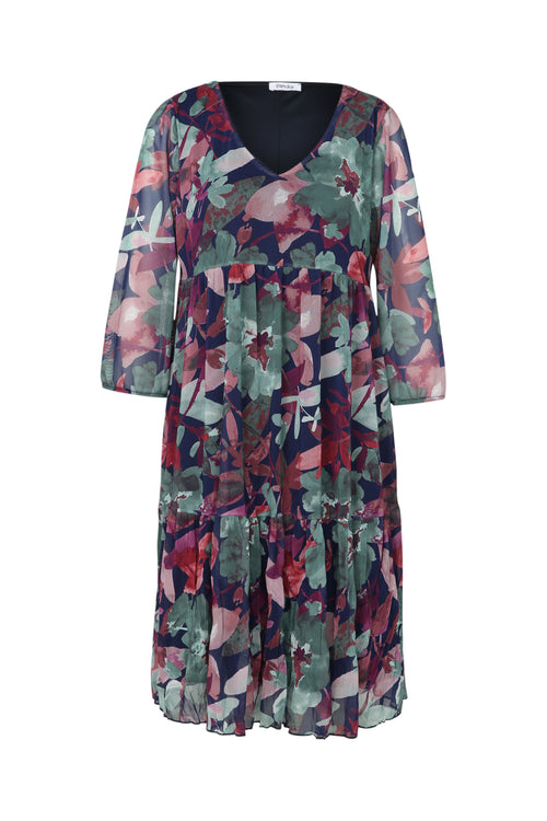 Korte tuniekjurk in gekreukeld visnet met bloemenprint en lurex-Paprika-8