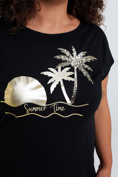 T-shirt van katoen met folieprint van palmbomen en pailletten-Paprika-6
