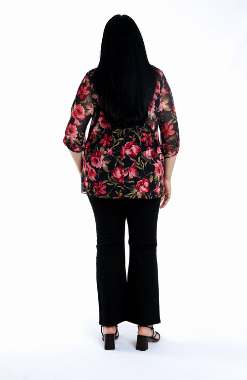 T-shirt met bloemenprint en mesh-Paprika-2