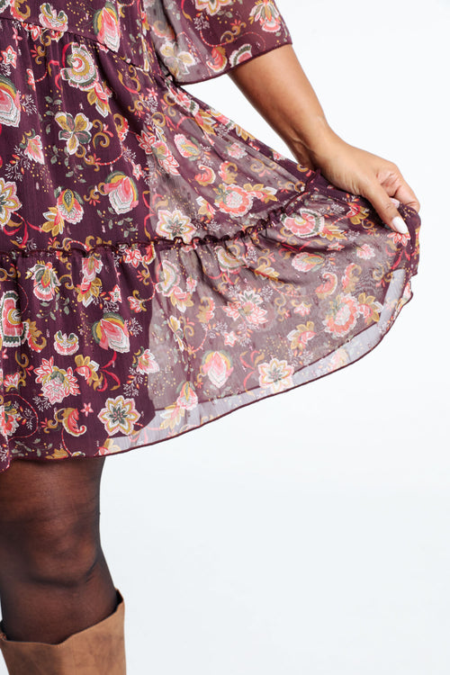 Jurk met bloemenprint en ruches-Paprika-5