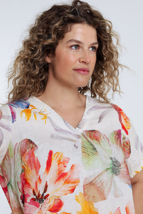 Robe en lin imprimé fleurs-Paprika-3