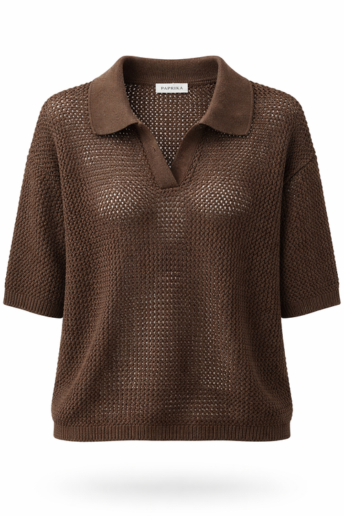 Effen polo met haakwerk effect-Paprika-2