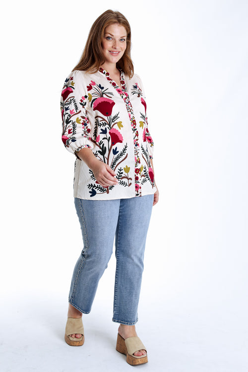 Blouse van bedrukt viscose met folk bloemenprint-Paprika-8