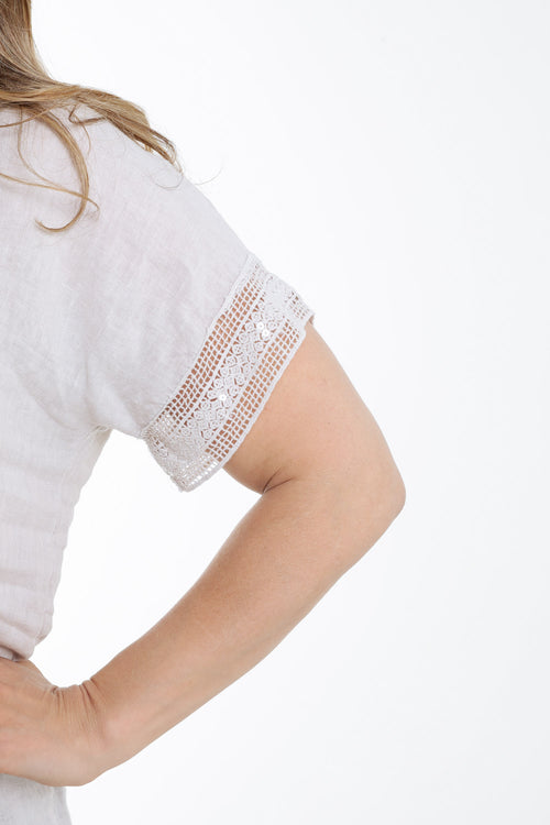 Blouse van effen linnen met sequindetails-Paprika-3