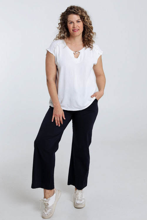 T-shirt van twee materialen met ronde hals en lus-Paprika-9