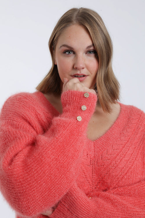 Effen gebreide trui met pluizige structuur-Paprika-4